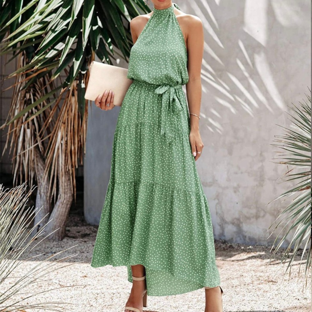 Women’s Casual Halter Neck Sleeveless Floral Long Maxi Dress with Belt